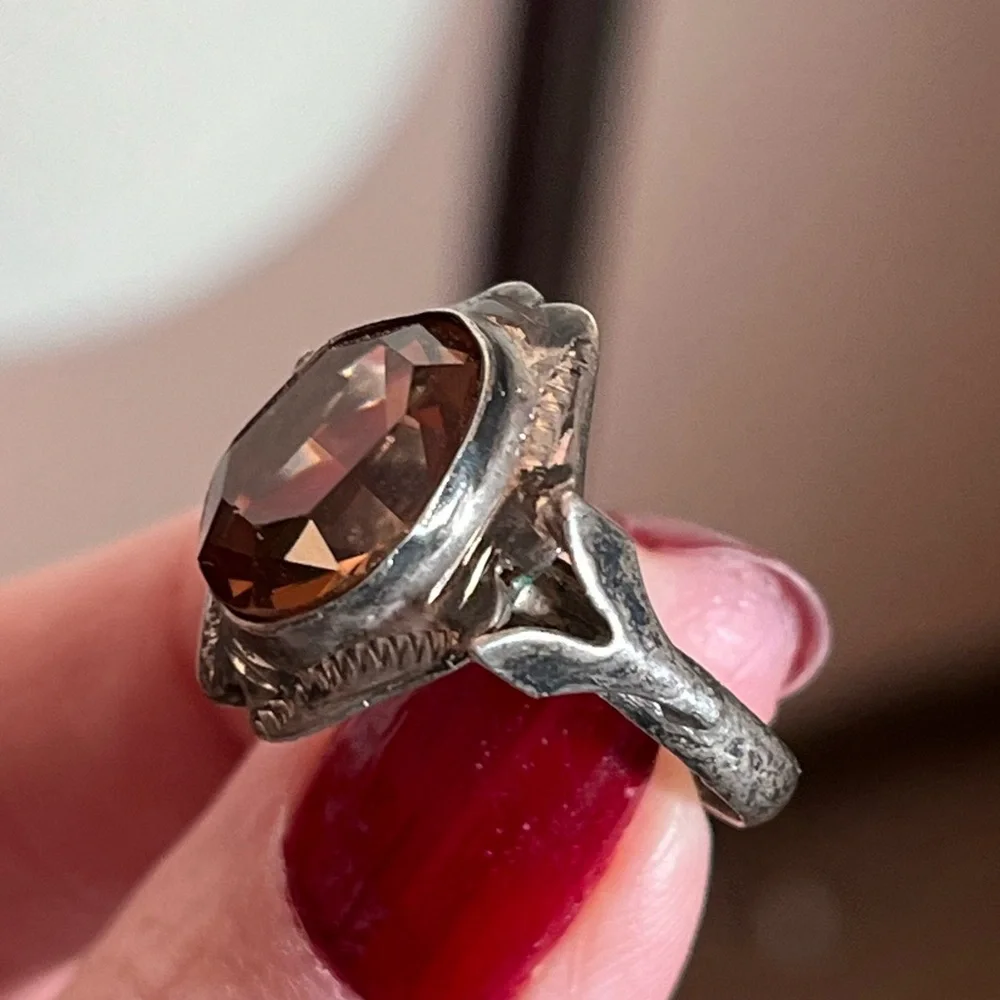 Antique Art Deco 1920’s Sterling Silver pink brown Glass Victorian Signet Ring - Picture 3 of 17